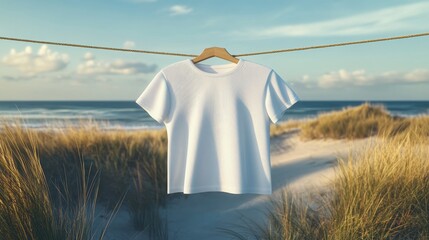 A white t-shirt hangs on a clothesline against a backdrop of a beach and dunes. AI.