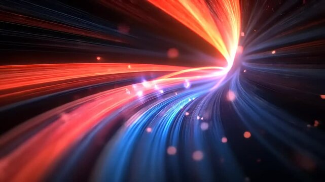 Abstract light tunnel background with red and blue glowing fiber optic cables