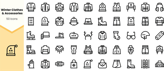 A diverse collection of winter clothing and accessories icons, featuring hats, gloves, sweaters, and more, designed in a clean, minimalist style.