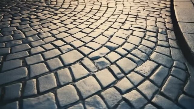 Circular cobblestone pattern on a street with light reflecting off the surface of the stones background texture video