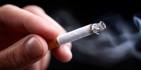 A hand holds a lit cigarette with smoke billowing against a dark background, highlighting the burning end.