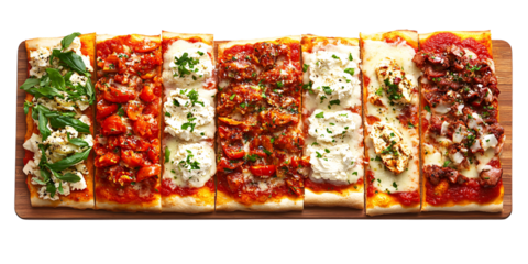 Delicious Roman Pizza al Taglio with various toppings on a wooden board, showcasing Italian cuisine and culinary diversity