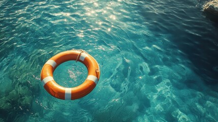 Orange life buoy with white stripes floating on blue ocean water. Safety concept to represent hope, security, support, or assistance.