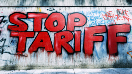 Red spray-painted graffiti with STOP TARIFF slogan on concrete wall in realistic urban street art reflecting rebellion theme