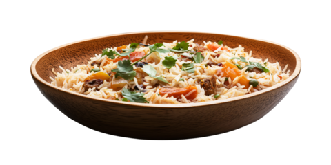 Delicious vegetable biryani in a wooden bowl on a transparent background, showcasing Indian cuisine and healthy eating