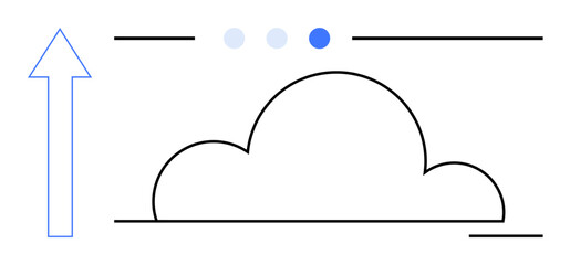 Arrow pointing upwards next to a cloud illustration with three dots above it, representing data upload or migration. Ideal for technology, innovation, cloud computing, efficiency, progress, data
