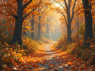 Obraz premium Autumn forest trail with fallen orange and yellow leaves.