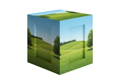 Stunning 3D Cube Landscape Image Green Hills Blue Sky Nature Photography isolated on transparent background