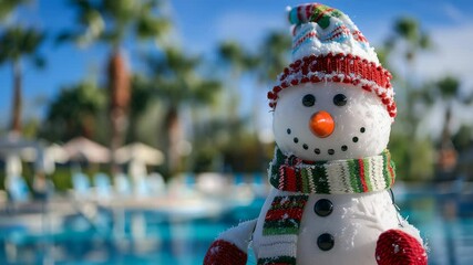 A festive snowman contrasts the sunny pool scene. Winter holiday spirit meets tropical vibes in this quirky, fun image. Warm winter holiday at tropical vacation