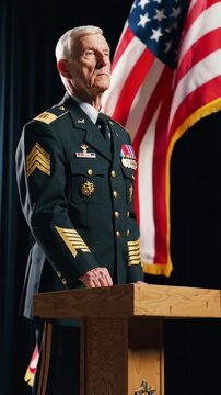 Senior american general giving a speech at a podium