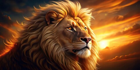 Fototapeta premium Majestic Lion Head Portrait: Rule of Thirds Photography, Wildlife Closeup, Animal Photography, Powerful Lion Image, King of the Jungle