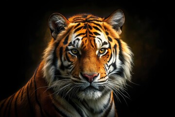 Obraz premium Majestic Tiger Face, Dark Background, Wildlife Photography, Food Photography, Animal Portrait, Black and Orange Stripes, Close-up Tiger, Wild Cat, Powerful Predator