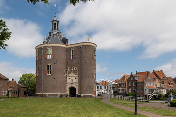 Drommedaris tower culture centre in Enkhuizen harbor the Netherlands. historic city gate landmark building and defense tower watchtower now a venue