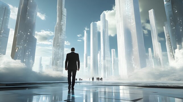 An entrepreneur walking confidently in a futuristic city
