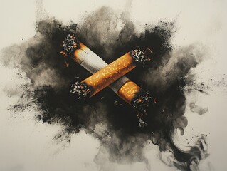 Smoking cessation concept art: crossed cigarettes surrounded by dark smoke, a symbolic anti-smoking message.