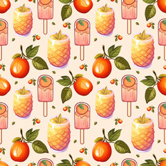 Seamless pattern with pineapple cocktails, popsicles, ripe fruits, and tropical leaves on a light background