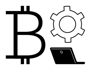 Bitcoin sign alongside gear and laptop representing blockchain, cryptocurrency, fintech innovation, and technology applications. Ideal for fintech, blockchain, cryptocurrency, innovation, financial