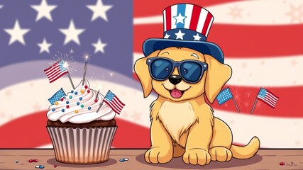 Patriotic Puppy Celebrates Independence Day with Festive Cupcake A 4th of July Illustration