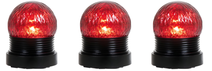 Three vintage-style red light bulbs create a striking illuminated display on black