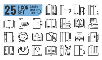 Book Icon Set – Open and Closed Book Symbols in Outline and Solid Style for Education and Reading Apps
