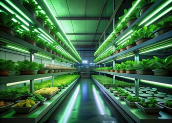 Naklejka premium Night Hydroponics: Vibrant Indoor Farm, Lush Green Vegetables, Modern Growing Systems, LED Lighting