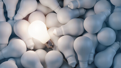 One lit light bulb among dark light bulbs - Creative idea, leadership, think different concept. 3d rendering