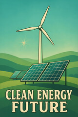 Illustration of a clean energy concept with wind turbine and solar panels in a green landscape. Promotes renewable energy and sustainability with bold Clean Energy Future text