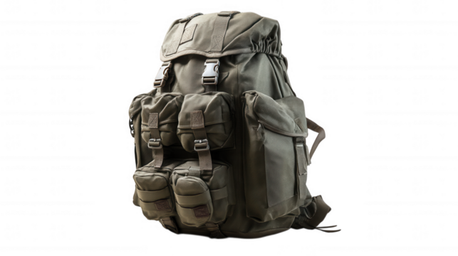 Military tactical backpack isolated on transparent background, PNG