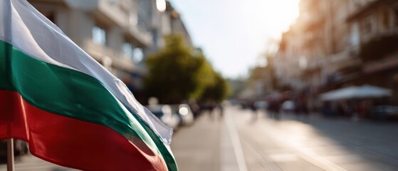 Bulgarian flag waving proudly on a sunny day in Sofia, Bulgaria, showcasing patriotism and national pride in the vibrant city