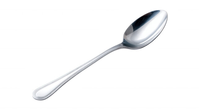 Stainless steel spoon lying diagonally on a pure transparent background, showcasing its reflective metallic surface, smooth curves, and clean design.