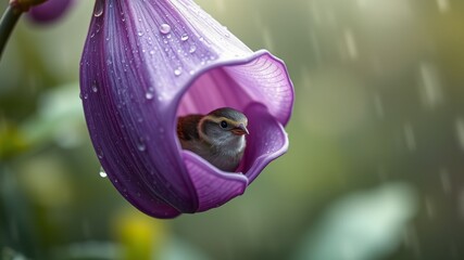 A Tiny Bird Sheltering in a Purple Rain-Kissed Flower Nature's Serene Sanctuary