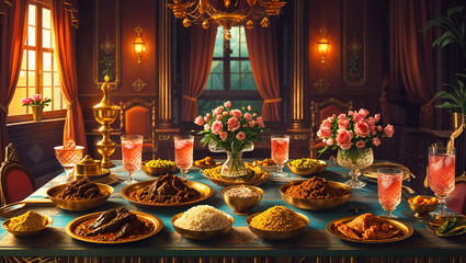 Luxurious indian feast featuring various dishes drinks and elegant floral centerpieces