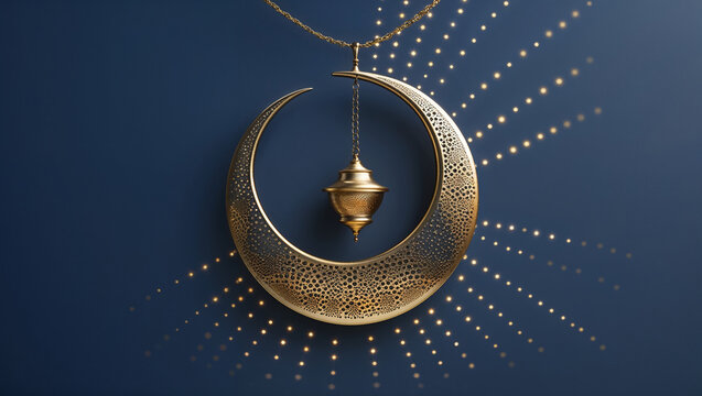 Luxurious golden crescent moon pendant with a glowing lantern for islamic holiday celebrations