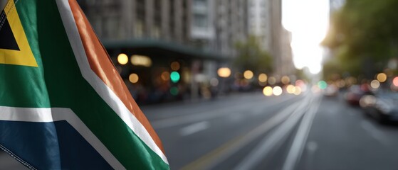 South African flag waving proudly in urban cityscape, symbolizing patriotism, national pride, and cultural identity in Johannesburg