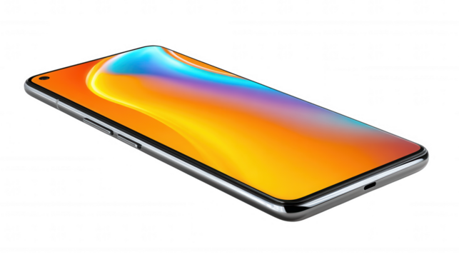 Modern smartphone with colorful screen isolated on transparent background, PNG
