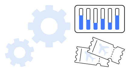 Gears in motion, data bars with progress indicators, and travel tickets representing automation, research, analytics, productivity, efficiency, strategy, and simple landing page