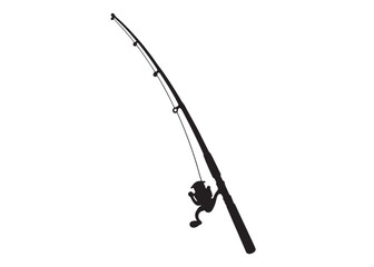 Silhouette fishing rod logo vector design, fishing rod logo icon silhouette, fishing rod vector silhouette illustration design, fishing hook and fishing rod icon silhouette  logo on white background