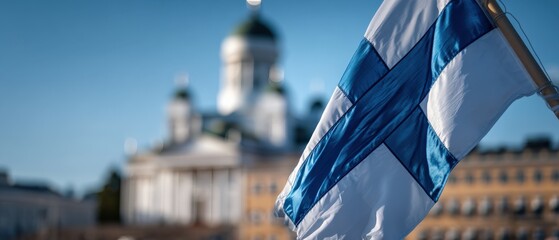 Finnish flag waving proudly in Helsinki, Finland, with Helsinki Cathedral in the background on a bright sunny day Concept of patriotism, travel, and national pride