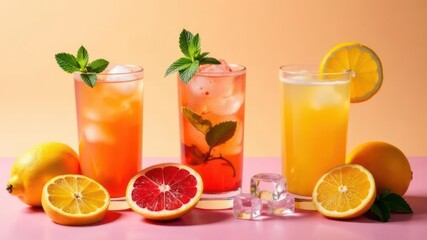 refreshing citrus drinks in tall glasses with ice cubes and mint leaves against pastel background. sliced orange, lemon and grapefruit add vibrant color. summer refreshment, beverage, bar menu