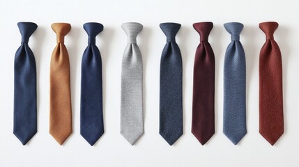 Minimalist tie collection arranged in a neat line, each with a distinct visual texture