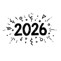 Festive 2026 New Year design with hand-drawn numbers and celebratory doodles.  New Year 2026 illustration features unique hand-drawn style and playful confetti.  Perfect 2026 New Year design 