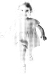 Fototapeta premium Dynamic halftone vector illustration of running kid in retro comic style with bold dotted texture. Isolated on white background. Sport, children's health.Running.