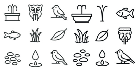 Nature-inspired icons featuring fountains, birds, fish, leaves, and water droplets