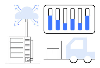 Cloud with arrows, data flow to storage server, analytics dashboard displaying metrics, package, delivery truck. Ideal for logistics, data storage, analytics, inventory optimization cloud