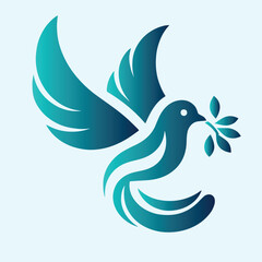 A gradient blue vector illustration of a dove in flight holding an olive branch in its beak