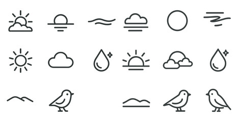 Minimalist nature icons including sun, clouds, birds, and waves for graphic design