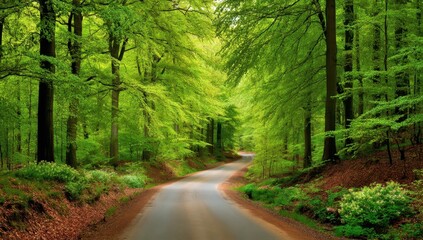 Fototapeta premium Winding road through vibrant green forest