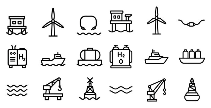 Renewable energy and hydrogen industry icons for environmental design projects