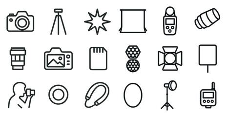 Photography equipment icons set for camera and studio use