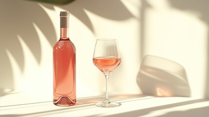 A bottle of rose wine and a delicate glass with bluship